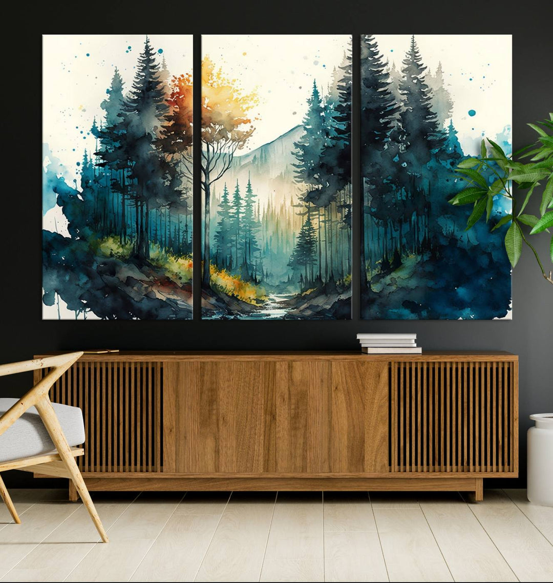 The Watercolor Trees Forest Abstract canvas print is displayed prominently.