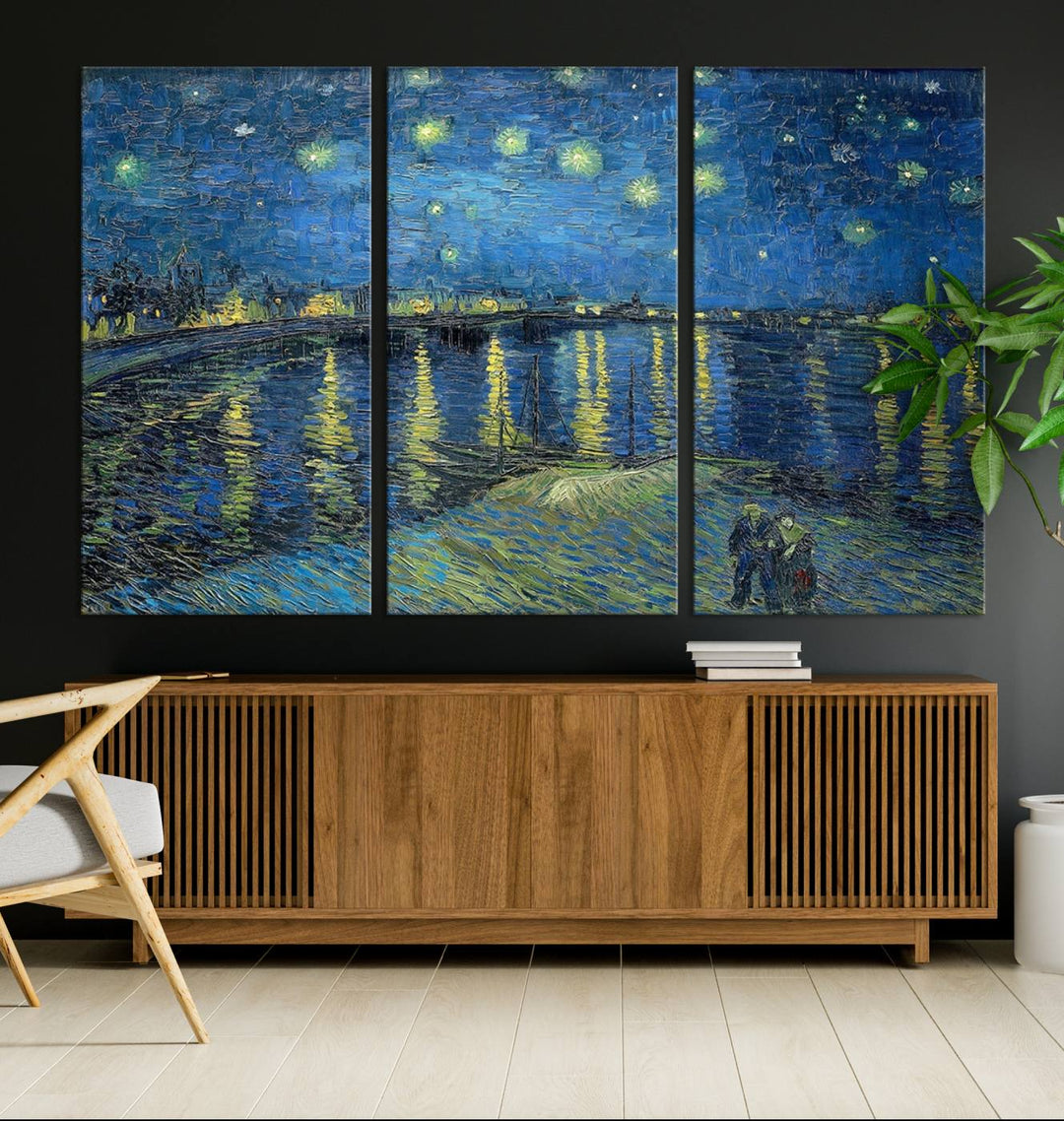 A Vincent van Gogh Starry Night over the Rhone canvas print is displayed on a porch.