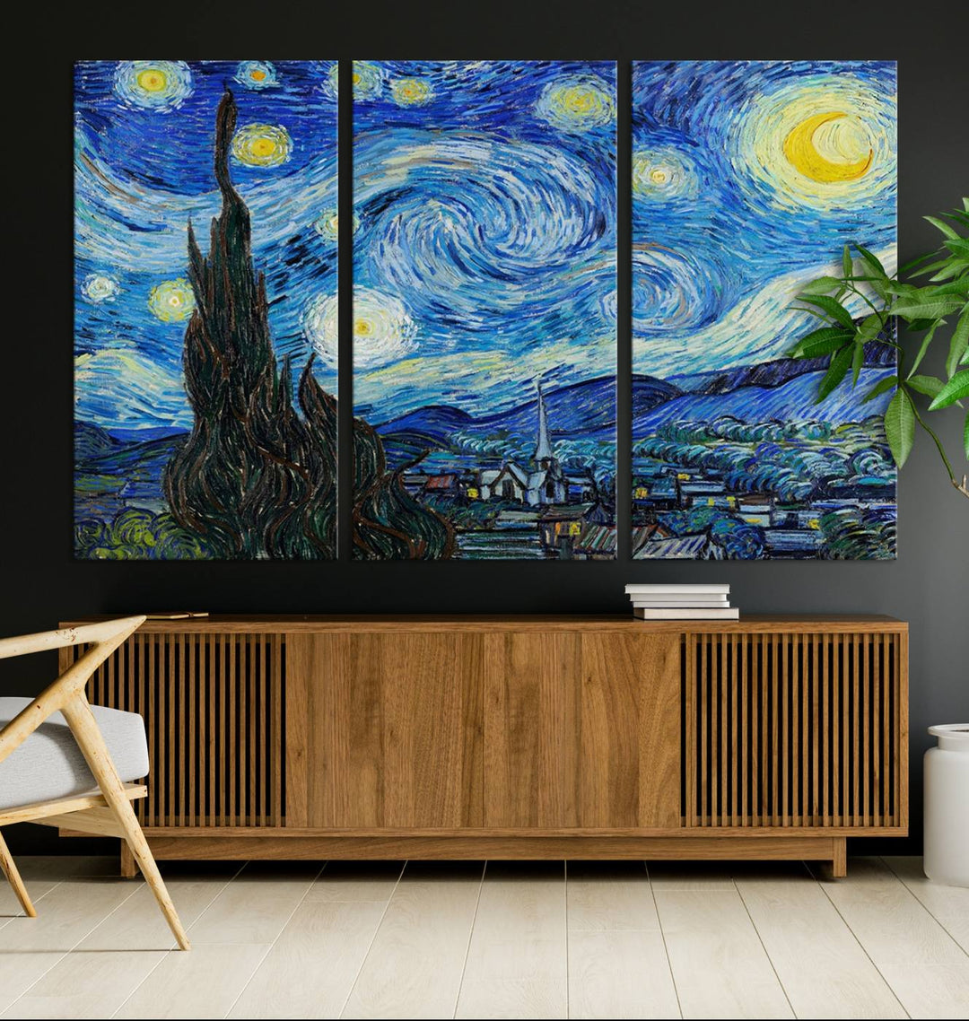 A canvas print of The Starry Night, offering museum-quality art, ready to hang.