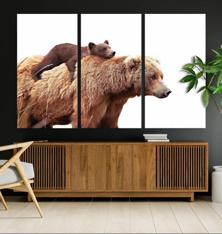 Mother and Baby Bear canvas: an adorable wildlife print displayed on a dark green wall.