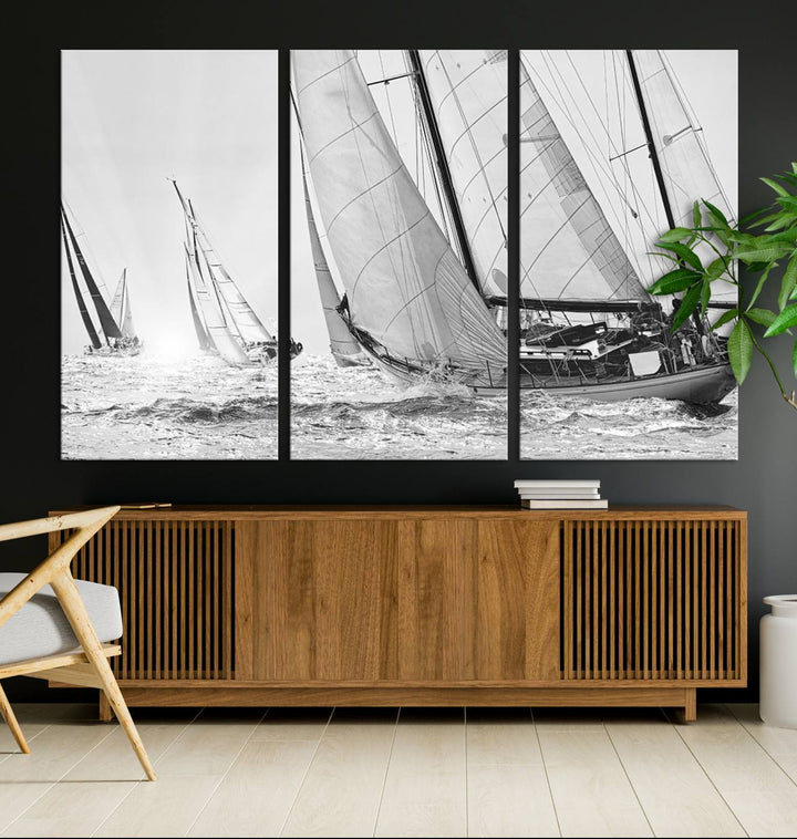 Yacht Sailboat Regatta canvas print on a textured wooden wall.