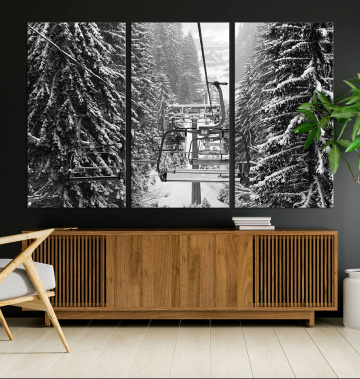 The Winter Ski Lift Canvas in minimalist style adds a unique touch to the dining room.