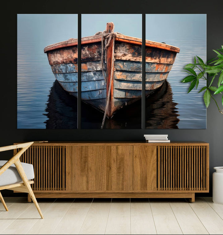 Stunning vintage boat canvas print featuring a calm water scene.