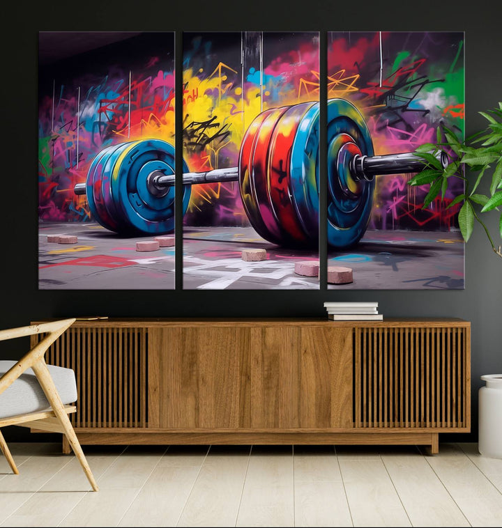 The Abstract Graffiti Barbell Canvas Wall Art is displayed on a porch.