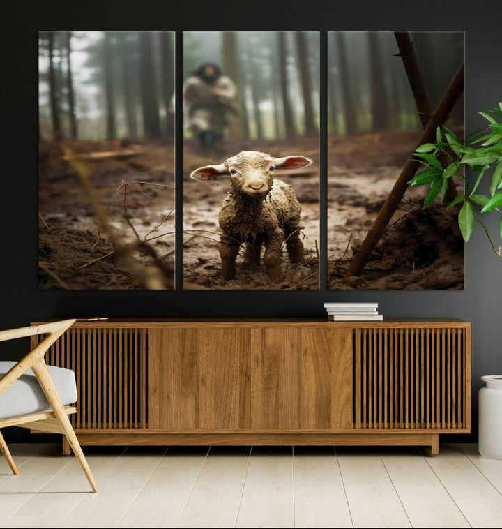 The Jesus Lost Lamb Canvas Wall Art features a heartwarming woodland scene, beautifully capturing the essence of serenity and grace.