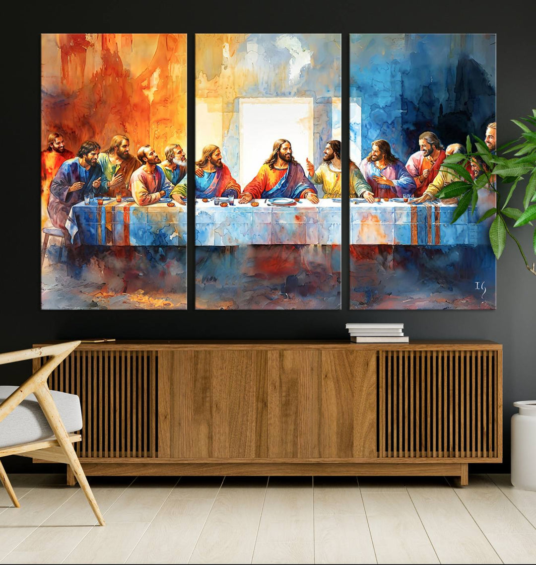 The Abstract Watercolor The Last Supper Wall Art with a gallery finish hangs prominently.