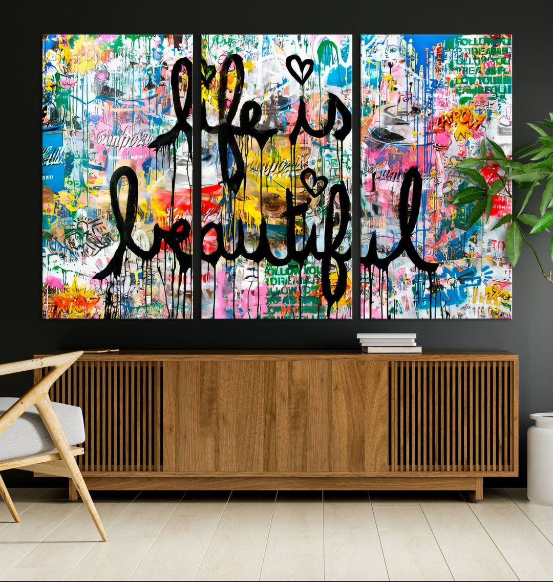 The Life Beautiful graffiti style canvas print is showcased in black script.