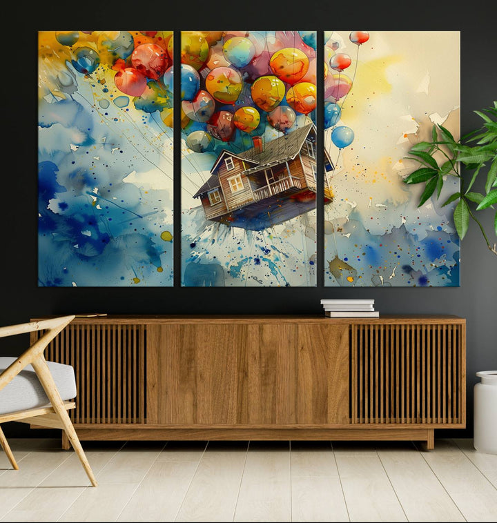 UP-Inspired Floating House with Balloons Triptych Canvas Art – Colorful 3-Panel Wall Decor for Living Room, Office, or Nursery