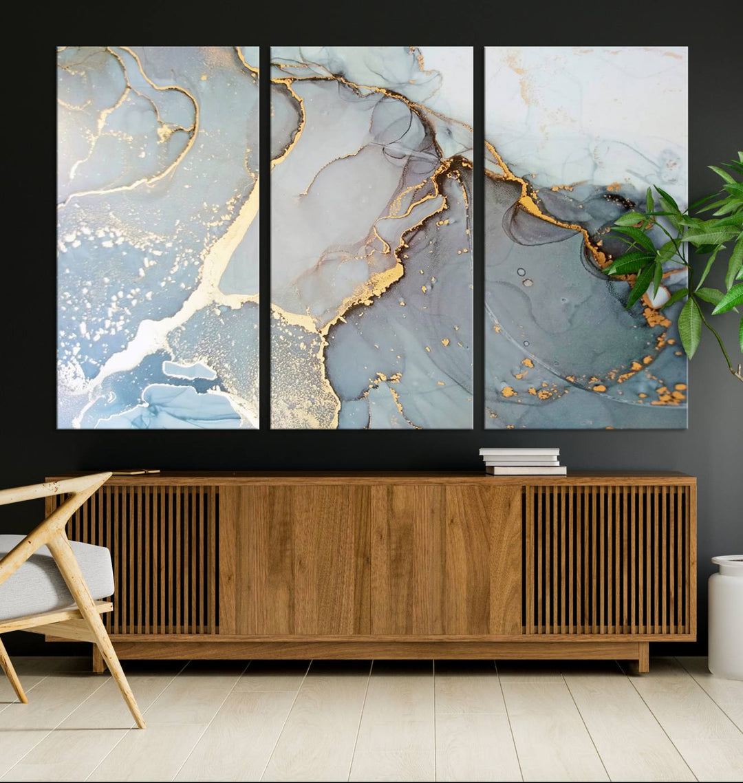 A blue and gold marbled Large Abstract Marble Wall Art Canvas Print hangs overhead.