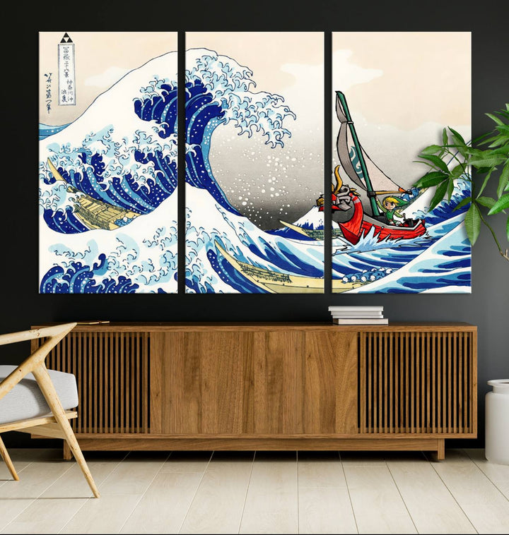 The Katsushika Hokusai Kanagawa Giant Wave Canvas print captures a vibrant sailing scene.