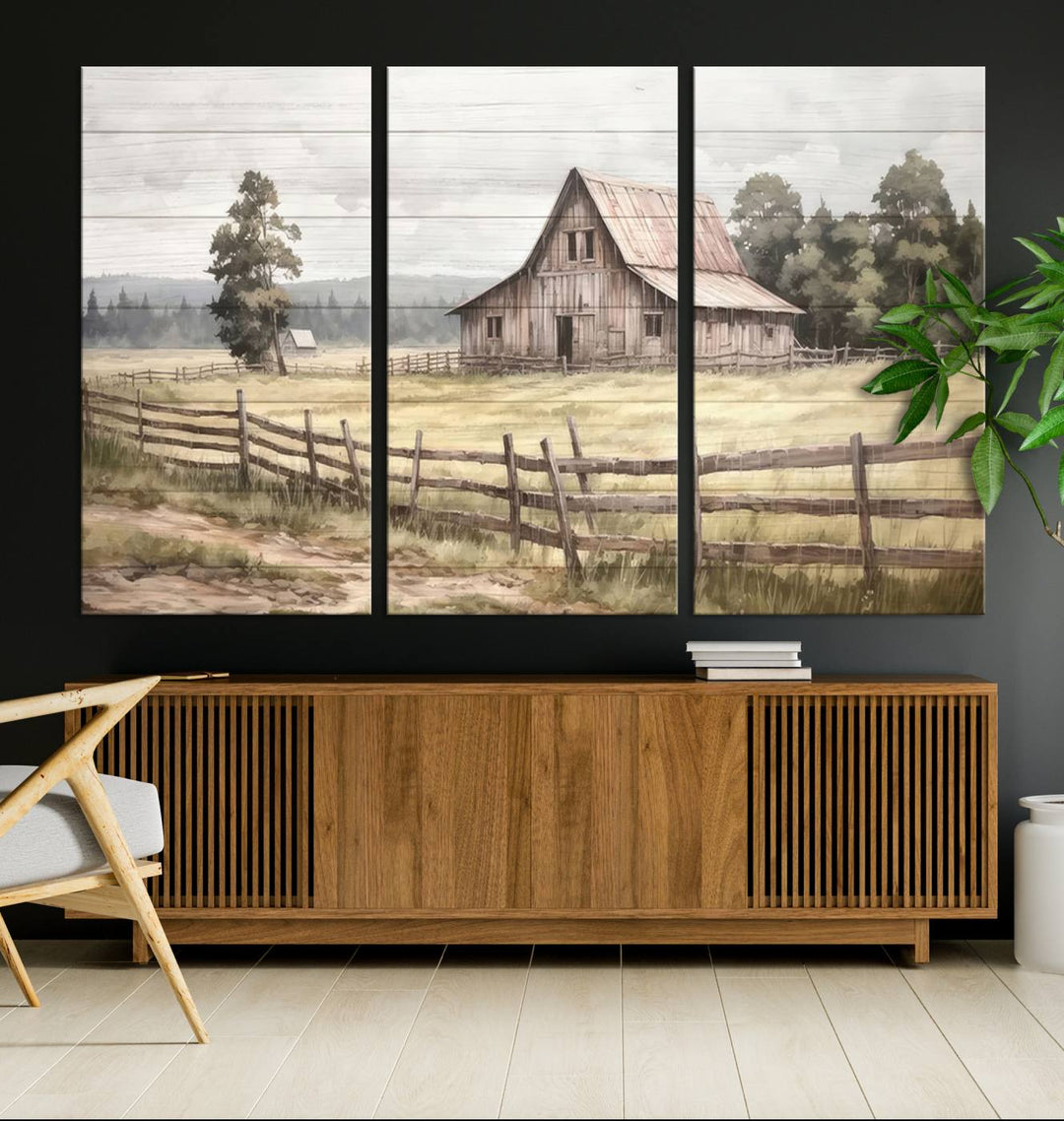 The wall is adorned with a Rustic Farmhouse Barn Wall Art.