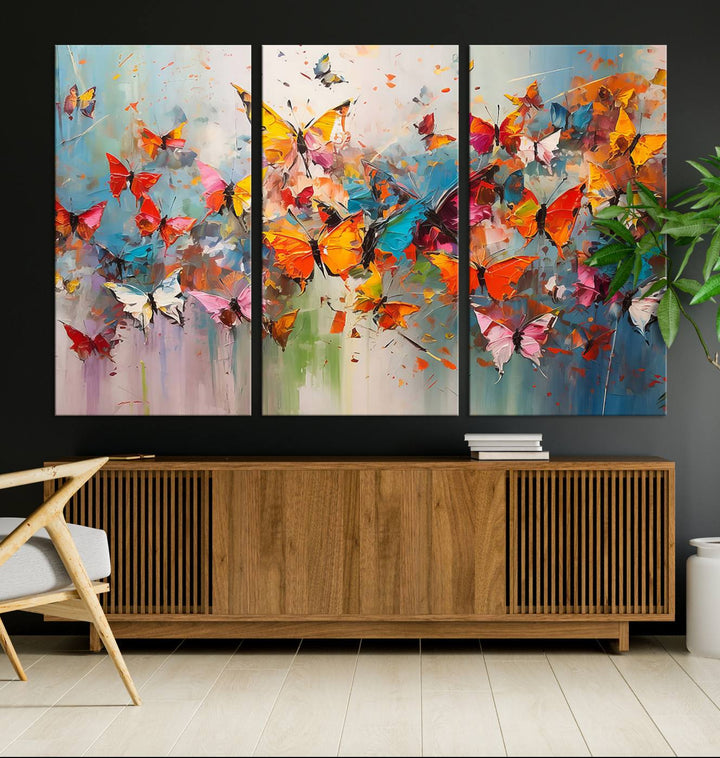 The Abstract Butterfly Wall Art Canvas Print hangs prominently, adding a touch of elegance and creativity to the room.