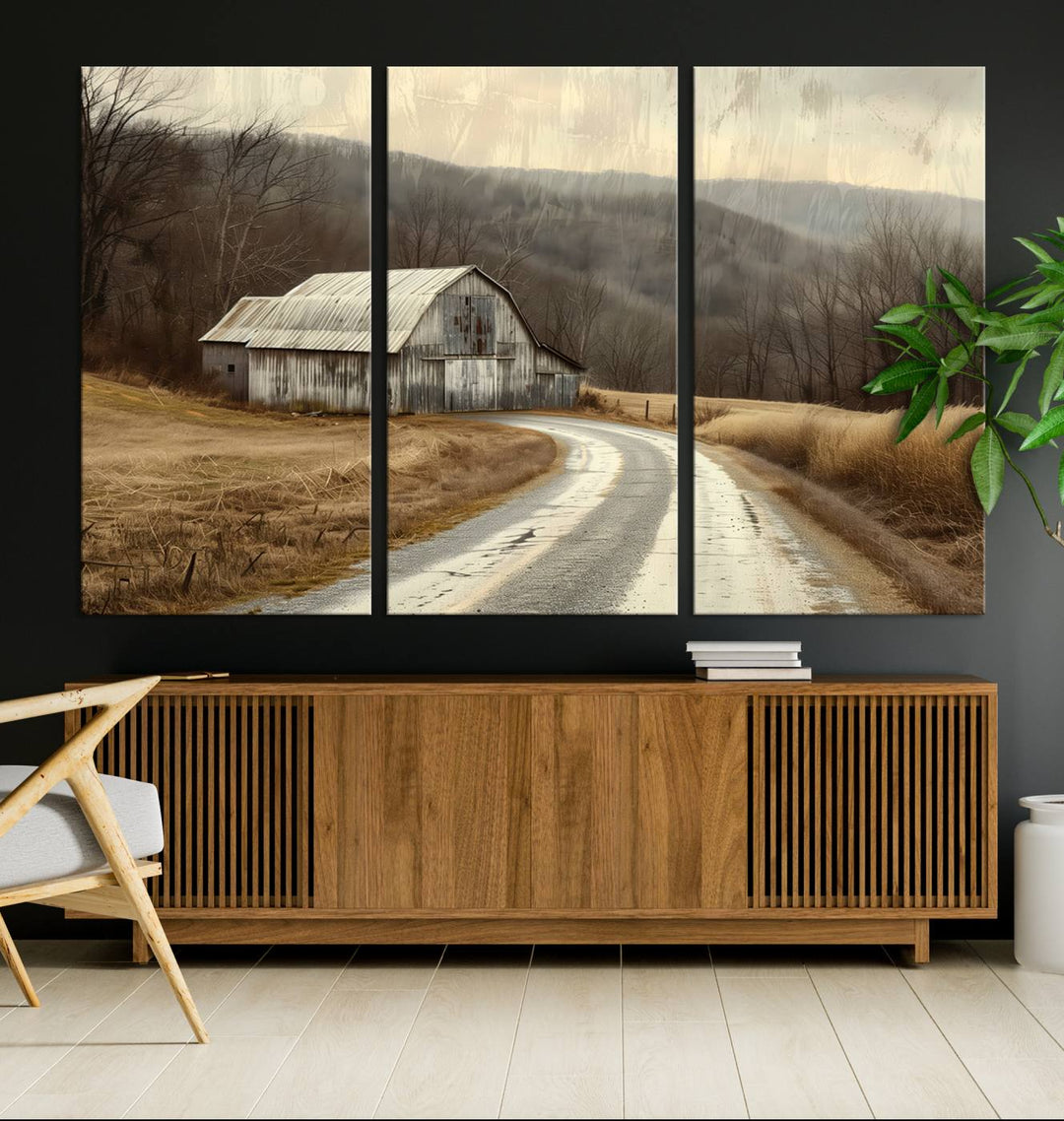 The wall exudes rustic charm, highlighted by the Vintage Barn Farmhouse Wall Decor Canvas Print.