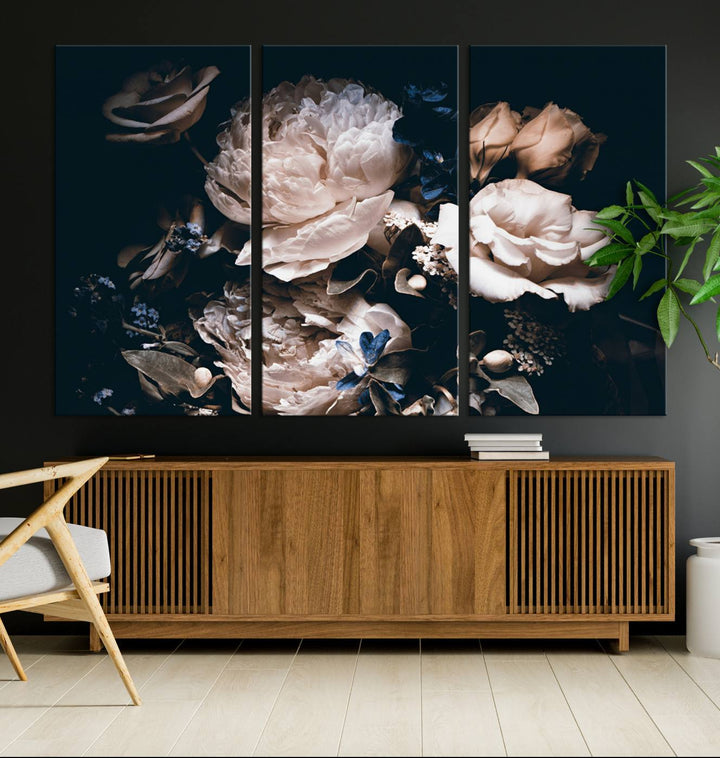 A large canvas art print of pink peonies flowers adds a vibrant touch to the space.