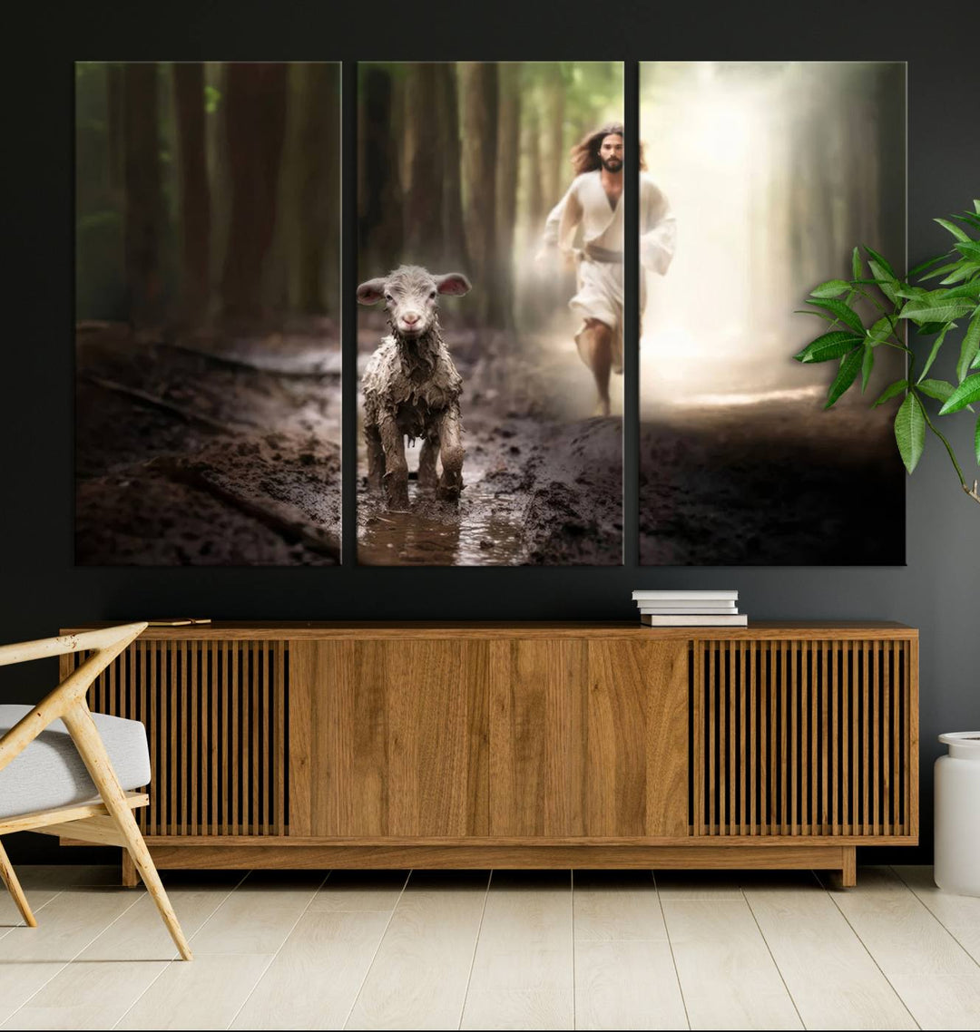 The Jesus Running After Lost Lamb canvas wall art adds a touch of spiritual significance.