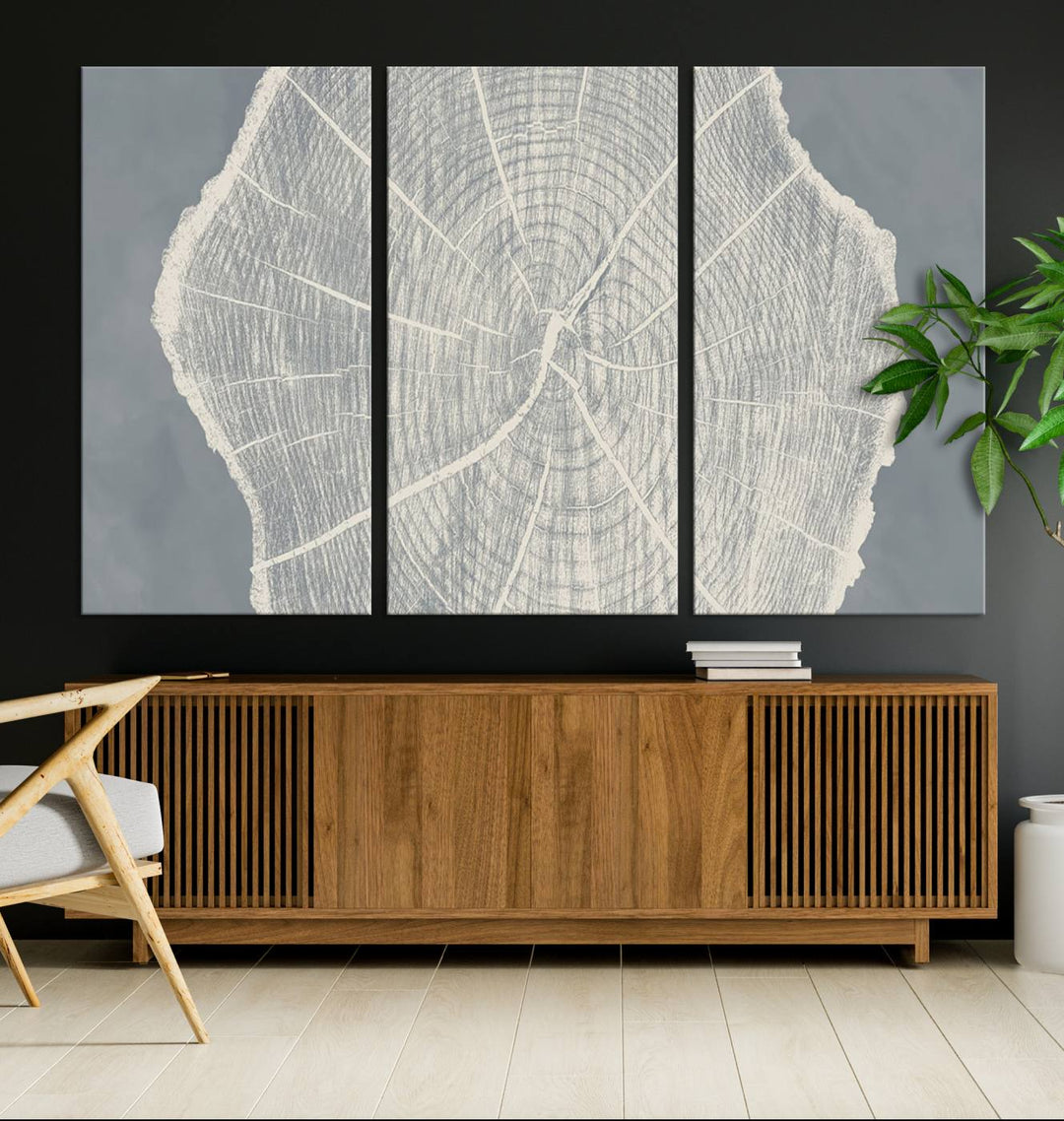 A gray wall displays the Abstract Tree Ring Wall Art print.