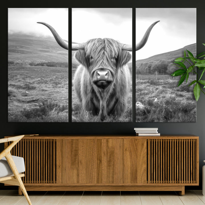 Black White Scottish Highland Cow Canvas Farm Wall Art Canvas Print