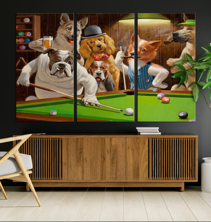 Dogs Playing Pool Canvas Wall Art: This artwork depicts a room where dogs are engaged in a game of pool. One dog is poised to cue while others observe the scene.