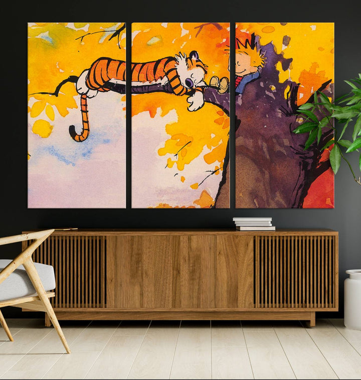 Premium canvas Calvin Wall Arts featuring a boy and tiger relaxing on a branch.