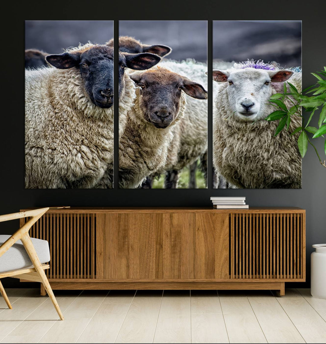 The Charming Sheep Portrait Wall Art hangs on a wooden wall.