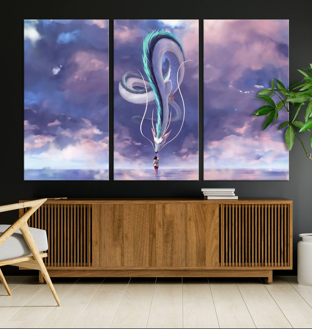 The Spirited Away Haku and Chihiro poster captures a cherished scene for anime lovers under a colorful, cloudy sky.