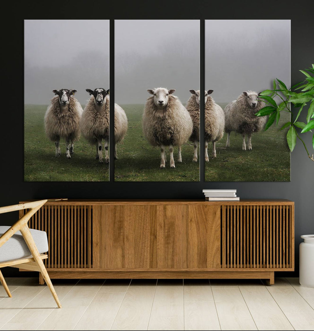 The Flock of Sheep in a Mystical Fog canvas print is framed and ready to hang.