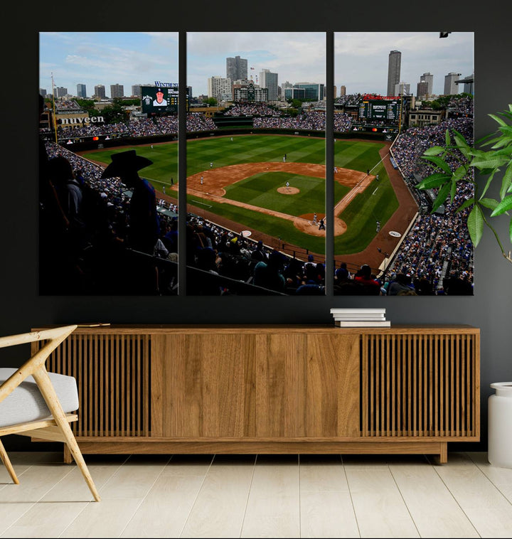 Admire this museum-quality canvas print of a Chicago Cubs game with a cityscape view from the stands at Wrigley Field.