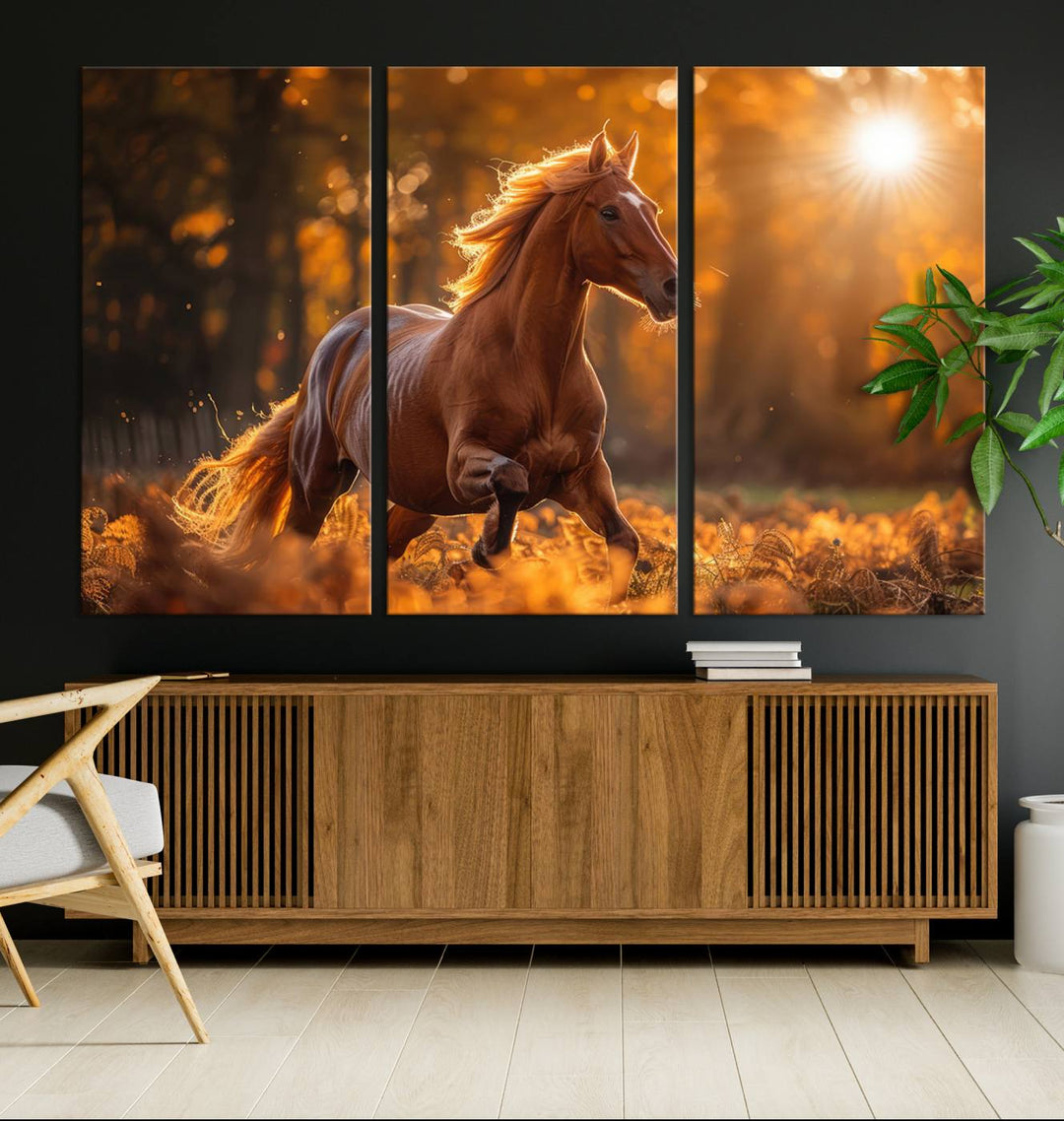 The Running Horse Sunset Forest Wall Art Canvas Print showcases a gallop in an autumn forest with sunlight streaming through the trees.