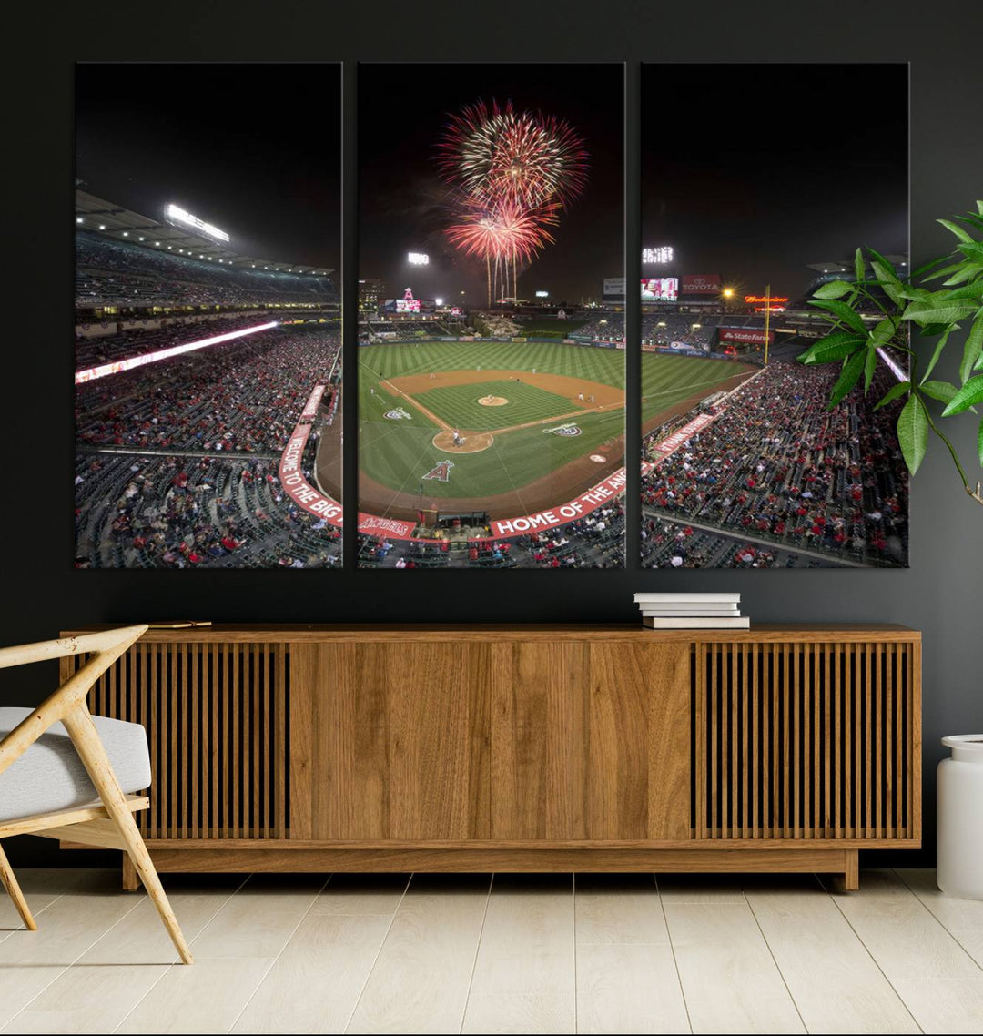 Fireworks at Angel Stadium – LA Angels Night Game Canvas Print, framed and ready to hang.