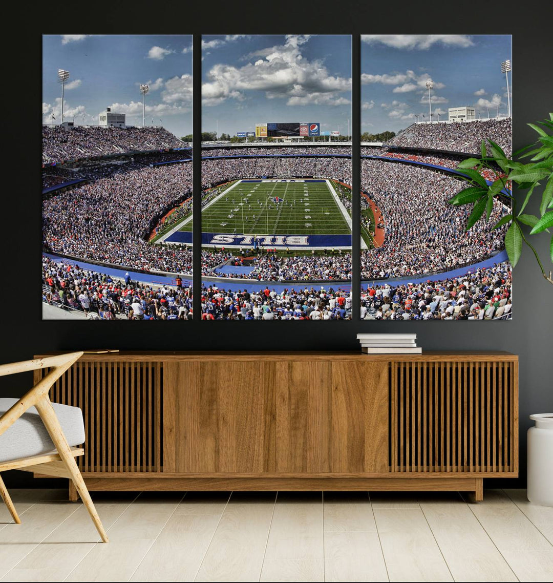 Our Buffalo Bills Game Day Canvas captures a vibrant scene at Highmark Stadium, with a lively crowd under a partly cloudy sky.