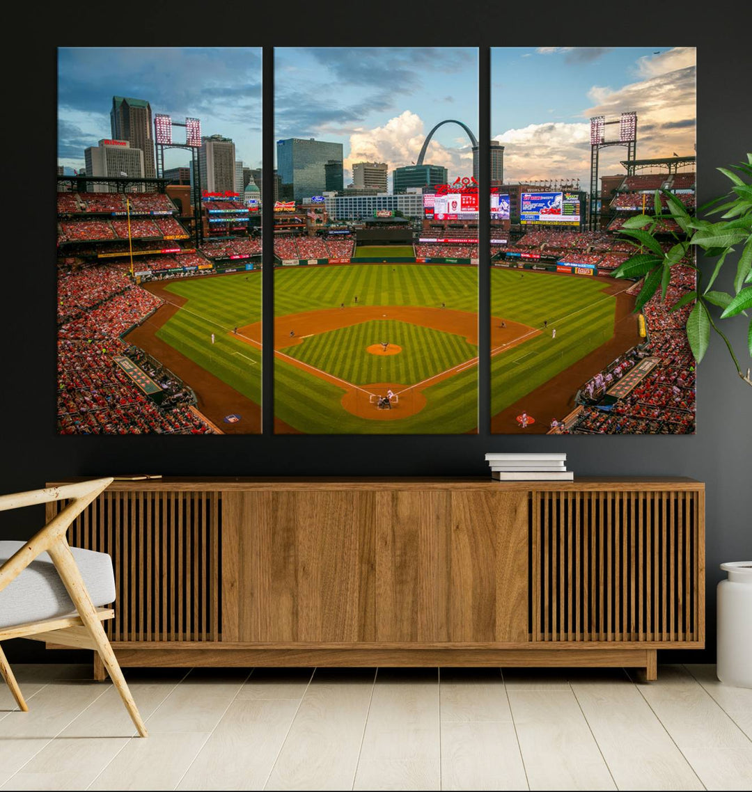 A Busch Stadium canvas print featuring a cityscape, ideal for enhancing living room or man cave sports decor.