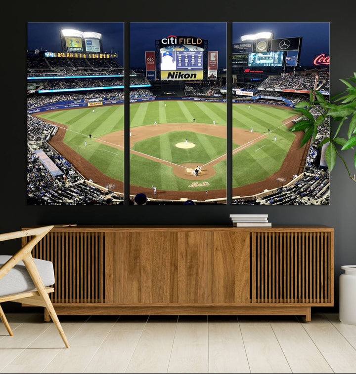 The wall is adorned with a 3-panel Citi Field Wall Art Print, framed for sports-themed decor.