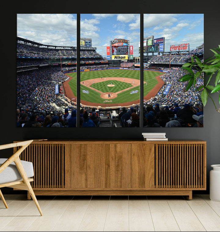 A wall art piece featuring a New York Mets Baseball Team print of Citi Field during a thrilling game under a blue sky.