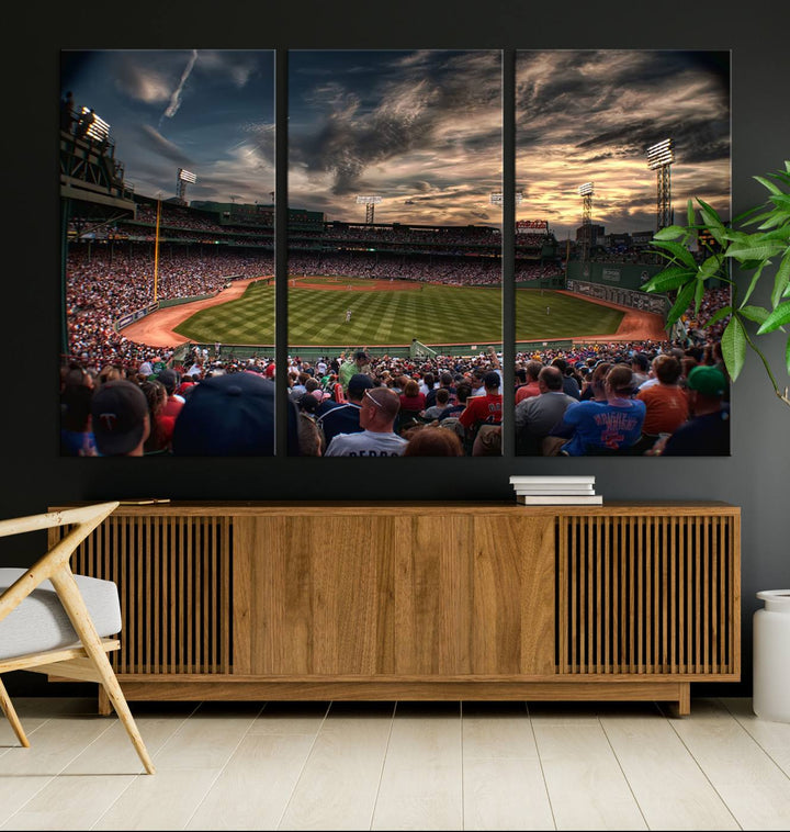 Boston Red Sox canvas print of Fenway Park at sunset, ideal for sports fans.