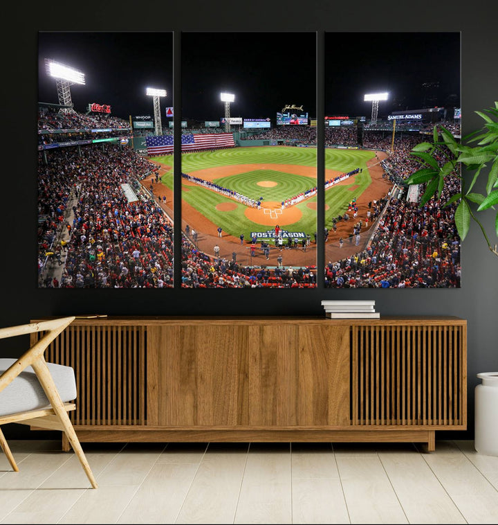 The Fenway Park Wall Art Canvas Print showcases a stunning aerial view of Bostons iconic ballpark at night, making it an ideal piece for any Red Sox enthusiast.