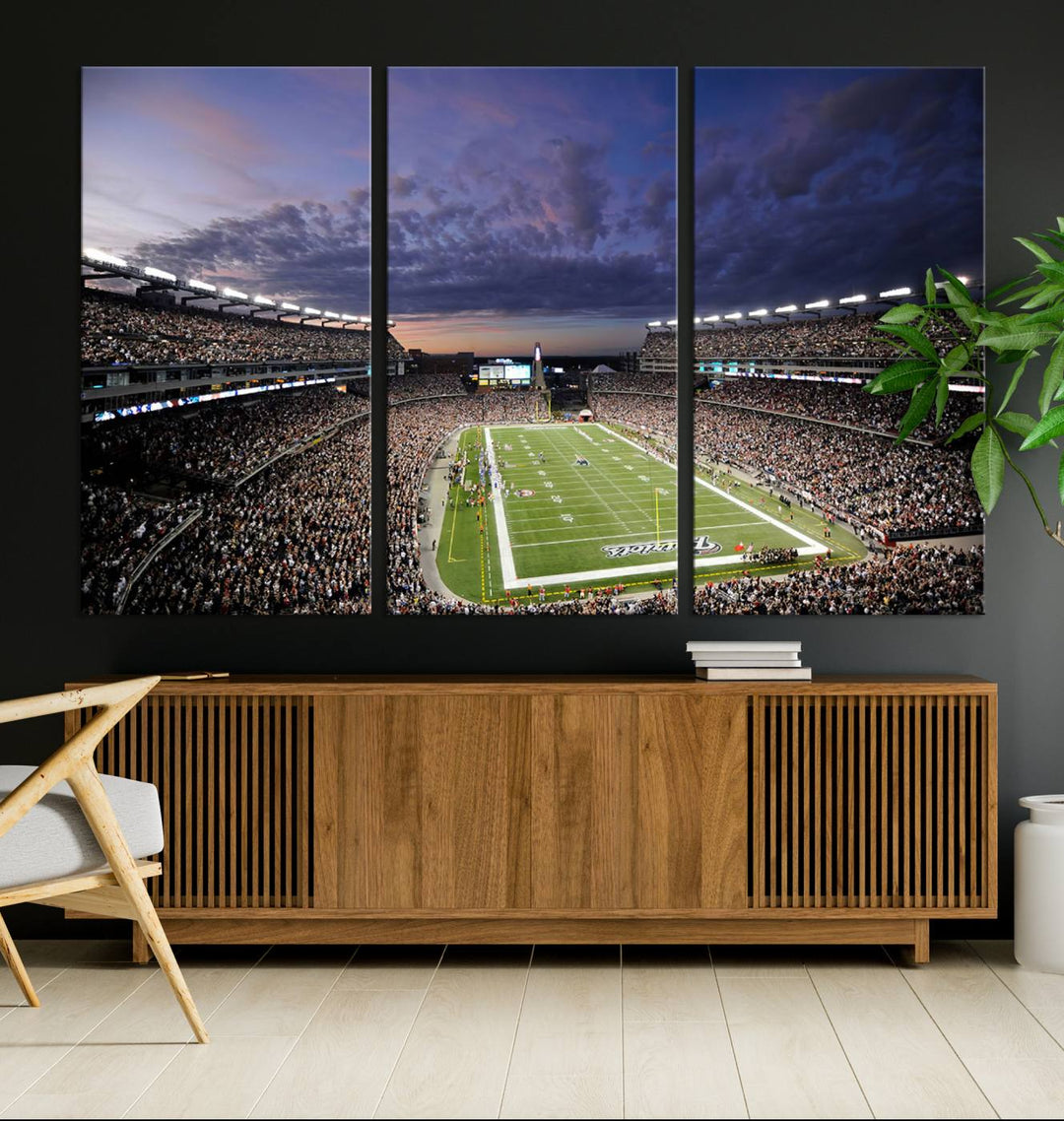 A large New England Patriots Foxborough Gillette Stadium wall art canvas print at sunset.