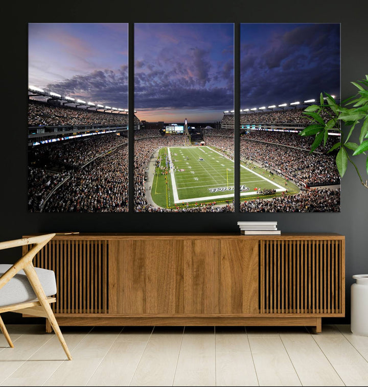 A large New England Patriots Foxborough Gillette Stadium wall art canvas print at sunset.