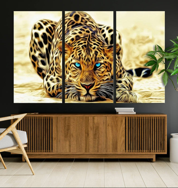 The Blue-Eyed Leopard Canvas Wall Art features a fierce and captivating design, perfect for wildlife enthusiasts. Its bold imagery makes it a striking decor piece, ready to hang.