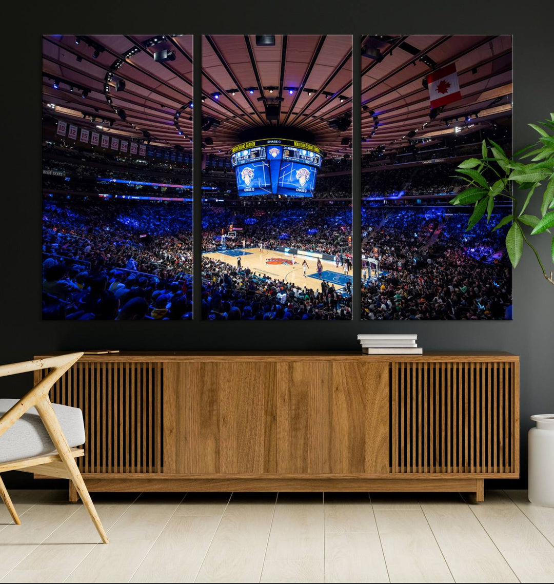 A print depicting an NBA game at Madison Square Garden, highlighting the scoreboard.