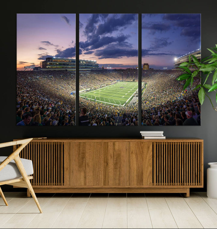 As the sun sets, a stunning backdrop highlights the Notre Dame Fighting Irish Football Team Print.