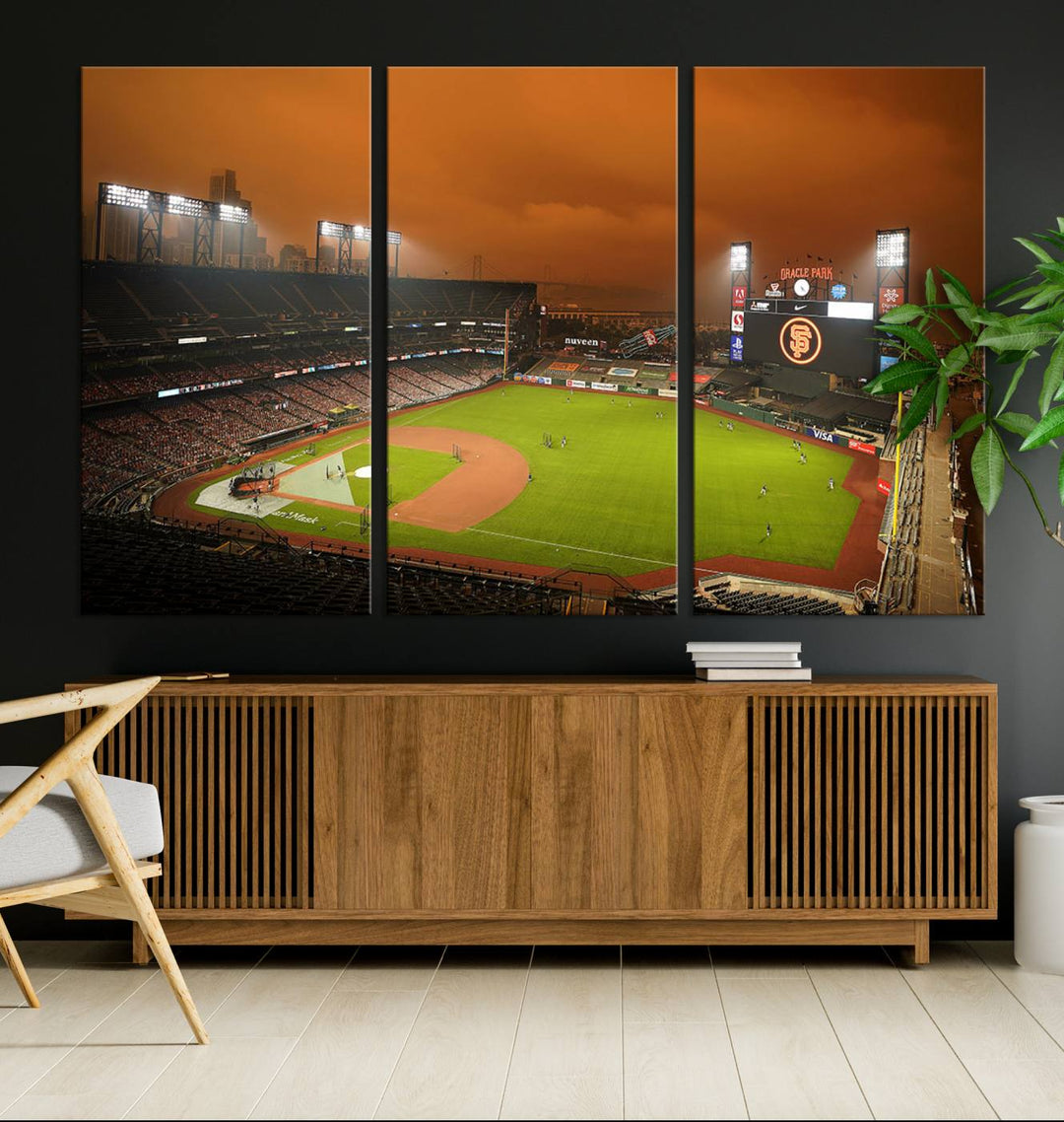 A canvas depicting an Oracle Park game with an orange sky, from SF Giants Stadium Wall Art.