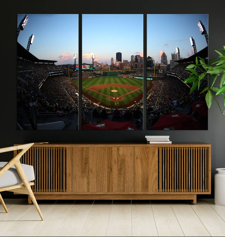 The PNC Park Evening Game Canvas, featuring a skyline backdrop, is displayed on the wall.