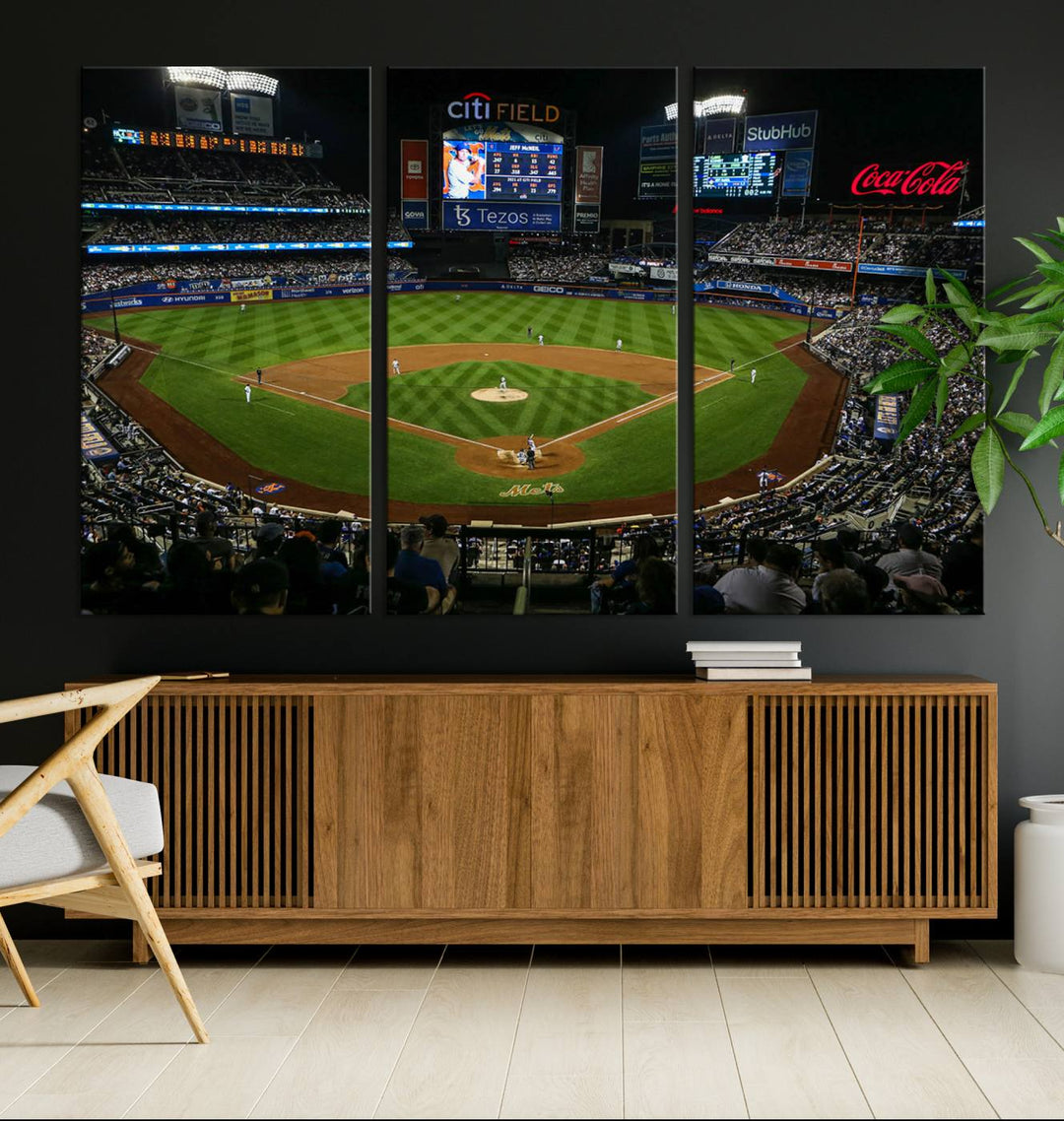 A print of the Oakland Athletics game at RingCentral Coliseum hangs on the wall.