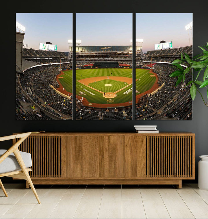 Oakland Athletics wall art canvas featuring the interior of RingCentral Coliseum Stadium.