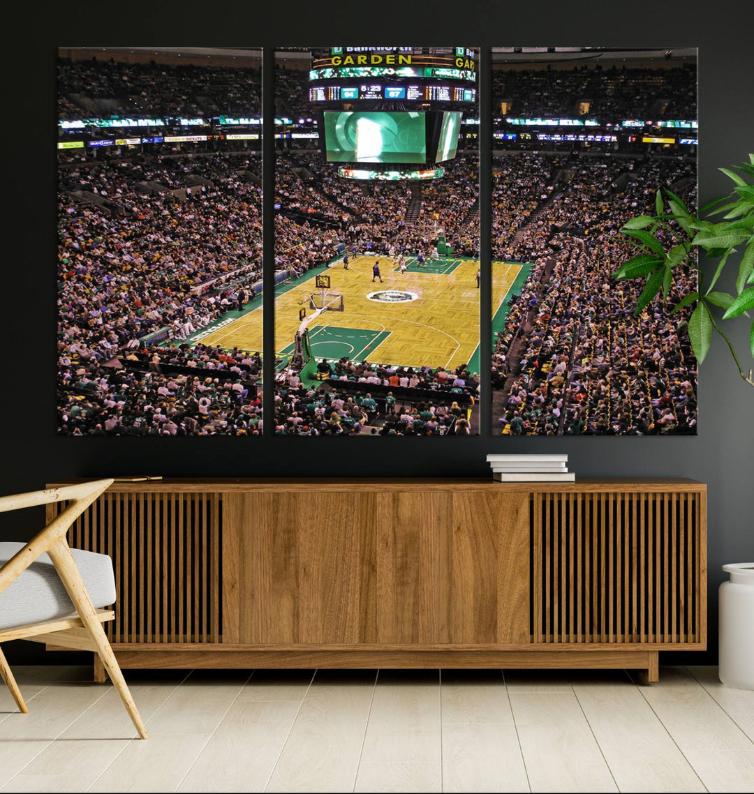 A vibrant depiction of a TD Garden basketball game is beautifully captured in the Boston Celtics Triple Canvas Wall Art, which comes framed and ready to hang.