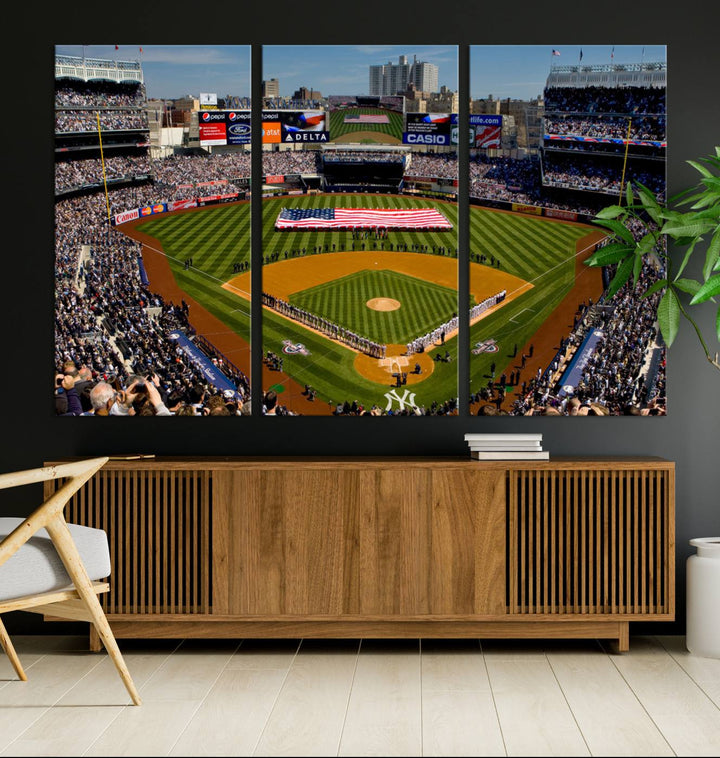 The Yankee Stadium New York wall art print features a vibrant scene of baseball fans with a large flag and players, expertly capturing the spirit of the game. This ready-to-hang décor is perfect for adding a dynamic touch to any space.