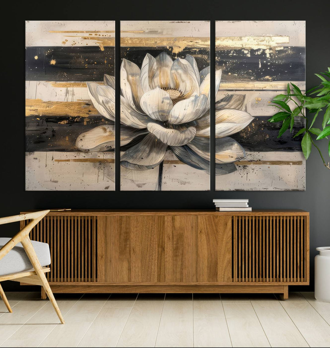 The wall is adorned with an Abstract Lotus Flower Wall Art Canvas Print.