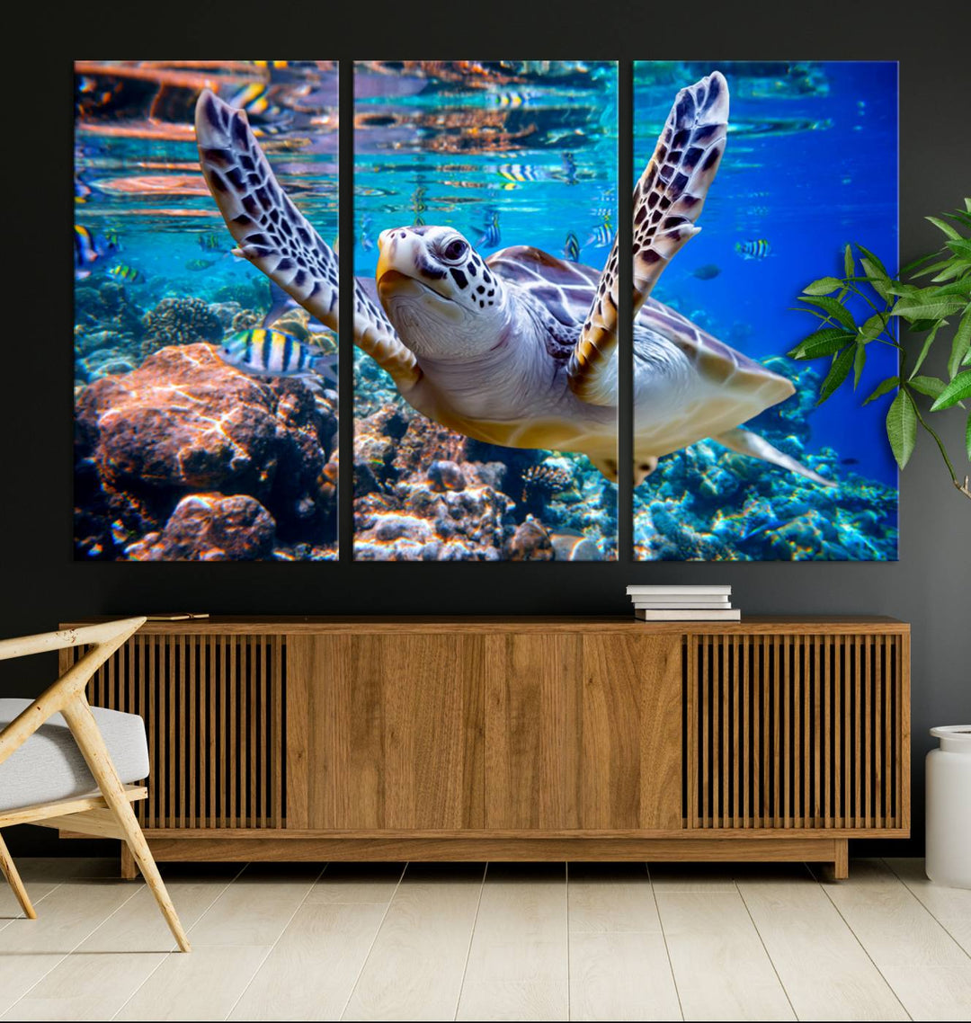 The Underwater Sea Turtle Wall Art Canvas Print serves as vibrant ocean décor, enhancing the kitchen with its stunning depiction.