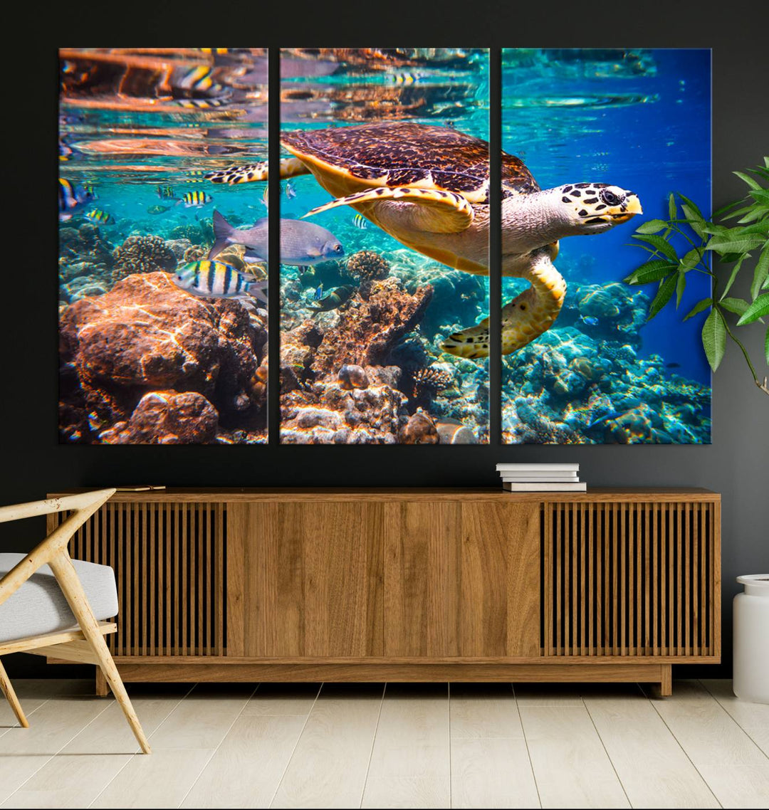 A Sea Turtle Wall Art Canvas Print features a colorful turtle swimming among coral. This artwork is ready to hang.