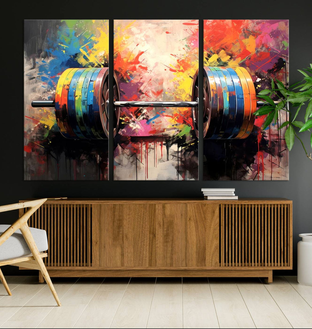 The Weightlifting Barbell Art Triptych hangs prominently on the wall.